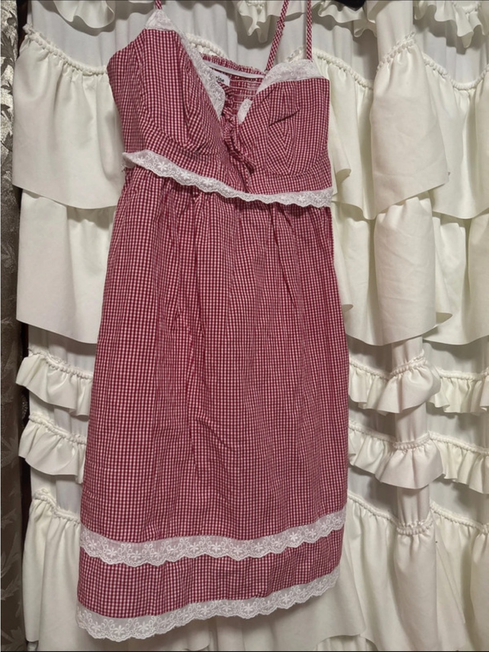 Red Gingham Lace-Trim Kids Dress